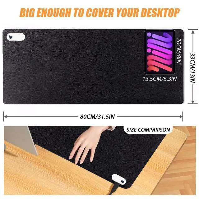 Alt view image 7 of 7 - Warm Desk Pad, Heated Mouse Pad, Keyboard Mat, Electric Heating Desk Pad with 5 Heating Levels & 3 Hours Auto Shut-Off, PU Leather Office Desk Mat, 31.5" x 13" Large (Black)