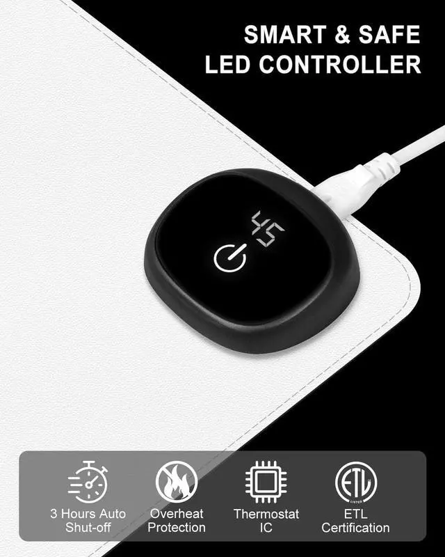 Alt view image 3 of 7 - Niniubye Heated Desk Pad, 31.5" x 13" Leather Non-Slip Warm Desk Pad, Large Mouse Mat with 3 Levels Heating & 3 Hours Auto Shut-Off, Hand and Foot Warmer for Office, Home, White