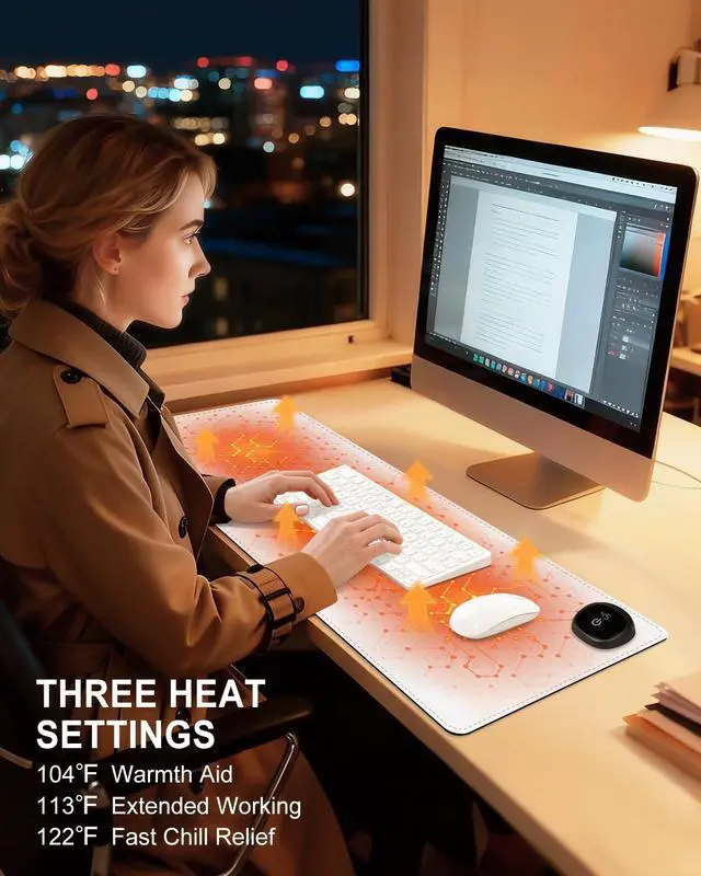 Alt view image 2 of 7 - Niniubye Heated Desk Pad, 31.5" x 13" Leather Non-Slip Warm Desk Pad, Large Mouse Mat with 3 Levels Heating & 3 Hours Auto Shut-Off, Hand and Foot Warmer for Office, Home, White