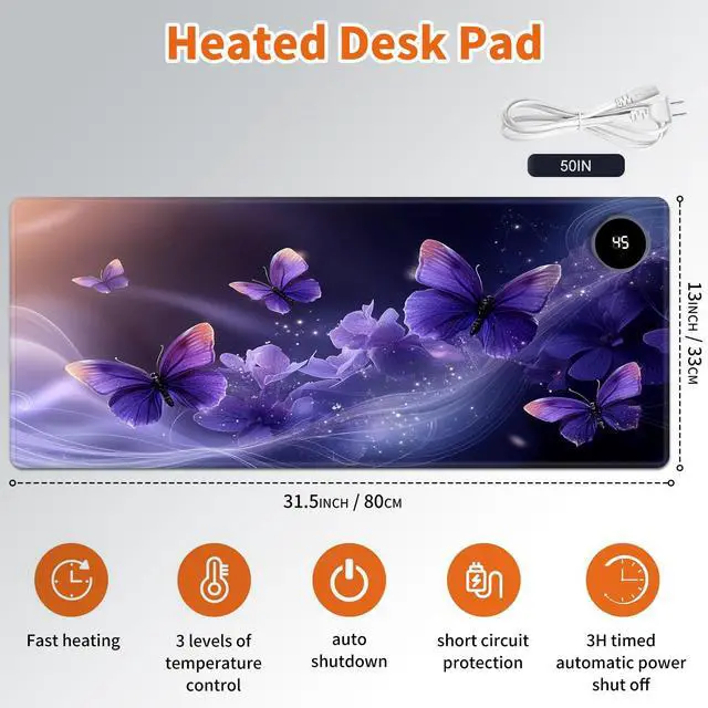 Alt view image 2 of 7 - LYHXLYJH Heated Mouse Pad,Warm Desk Pad with 3 Levels Heating & 3 Hours Auto Shut-Off, PU Leather Heated Desk Pad Warmer Pad for Home Office - 31.5 x 13 inch,Purple Butterfly