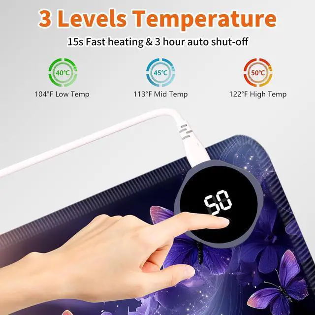 Alt view image 5 of 7 - LYHXLYJH Heated Mouse Pad,Warm Desk Pad with 3 Levels Heating & 3 Hours Auto Shut-Off, PU Leather Heated Desk Pad Warmer Pad for Home Office - 31.5 x 13 inch,Purple Butterfly