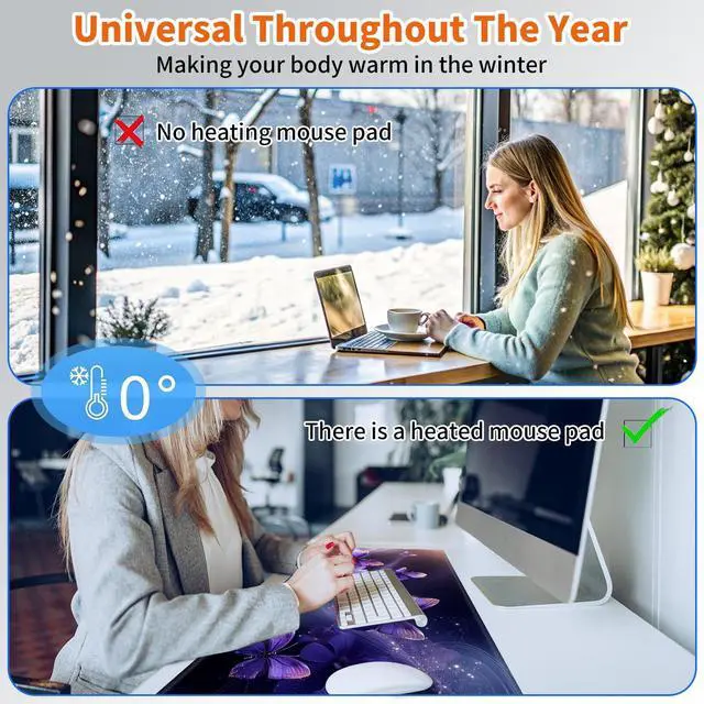 Alt view image 6 of 7 - LYHXLYJH Heated Mouse Pad,Warm Desk Pad with 3 Levels Heating & 3 Hours Auto Shut-Off, PU Leather Heated Desk Pad Warmer Pad for Home Office - 31.5 x 13 inch,Purple Butterfly