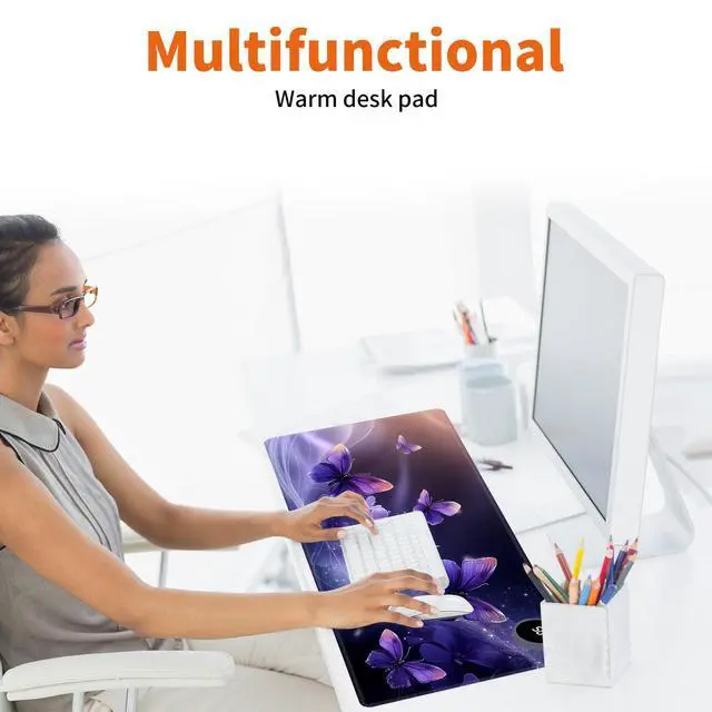 Alt view image 7 of 7 - LYHXLYJH Heated Mouse Pad,Warm Desk Pad with 3 Levels Heating & 3 Hours Auto Shut-Off, PU Leather Heated Desk Pad Warmer Pad for Home Office - 31.5 x 13 inch,Purple Butterfly