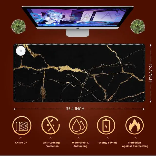 Alt view image 2 of 7 - iLeadon Heated Mouse Pad, Heated Desk Mat, Electric Warm Desk Pad with 3 Heating Levels & 3 Auto Shut-Off Levels, 35.4" x 15.7" Large Safe Desk Mat Hand Warmer for Home Office Work, Black Gold Marble
