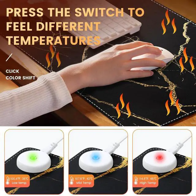 Alt view image 4 of 7 - iLeadon Heated Mouse Pad, Heated Desk Mat, Electric Warm Desk Pad with 3 Heating Levels & 3 Auto Shut-Off Levels, 35.4" x 15.7" Large Safe Desk Mat Hand Warmer for Home Office Work, Black Gold Marble