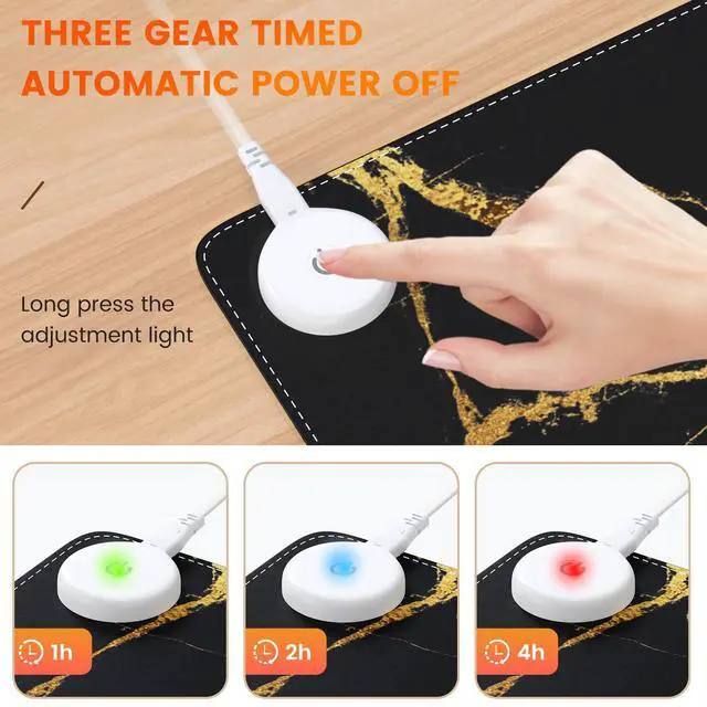 Alt view image 5 of 7 - iLeadon Heated Mouse Pad, Heated Desk Mat, Electric Warm Desk Pad with 3 Heating Levels & 3 Auto Shut-Off Levels, 35.4" x 15.7" Large Safe Desk Mat Hand Warmer for Home Office Work, Black Gold Marble