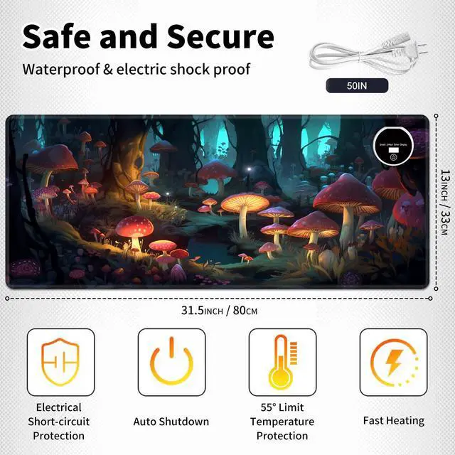 Alt view image 2 of 7 - BREIDMKFM Warm Desk Pad,Heated Desk Pad Mouse Mat Gaming,with 3 Heating Levels & 3 Hours Auto Shut-Off,Leather 31.5" x 13" Foot Warmer Keyboard Office Mat,Mushrooms Forest