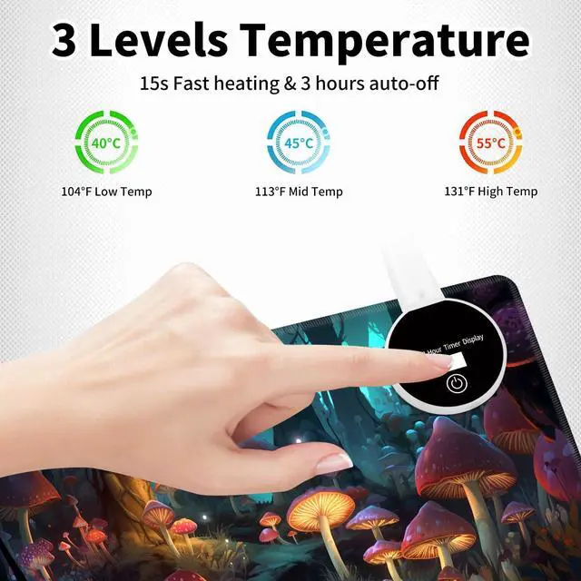 Alt view image 3 of 7 - BREIDMKFM Warm Desk Pad,Heated Desk Pad Mouse Mat Gaming,with 3 Heating Levels & 3 Hours Auto Shut-Off,Leather 31.5" x 13" Foot Warmer Keyboard Office Mat,Mushrooms Forest