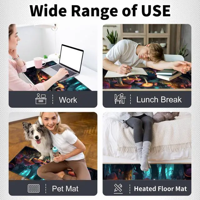 Alt view image 6 of 7 - BREIDMKFM Warm Desk Pad,Heated Desk Pad Mouse Mat Gaming,with 3 Heating Levels & 3 Hours Auto Shut-Off,Leather 31.5" x 13" Foot Warmer Keyboard Office Mat,Mushrooms Forest