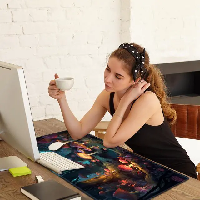 Alt view image 7 of 7 - BREIDMKFM Warm Desk Pad,Heated Desk Pad Mouse Mat Gaming,with 3 Heating Levels & 3 Hours Auto Shut-Off,Leather 31.5" x 13" Foot Warmer Keyboard Office Mat,Mushrooms Forest