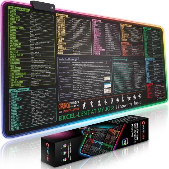 Main image of Excel Shortcut Keys LED Mouse Pad - Colorful RGB Luminous Extended Large Cheat Sheet Gaming Mousepad| PC Office Spreadsheet Keyboard Mat| Non-Slip Stitched Edge