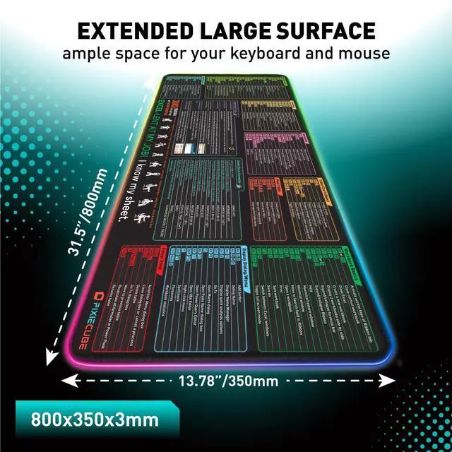 Alt view image 2 of 6 - Excel Shortcut Keys LED Mouse Pad - Colorful RGB Luminous Extended Large Cheat Sheet Gaming Mousepad| PC Office Spreadsheet Keyboard Mat| Non-Slip Stitched Edge