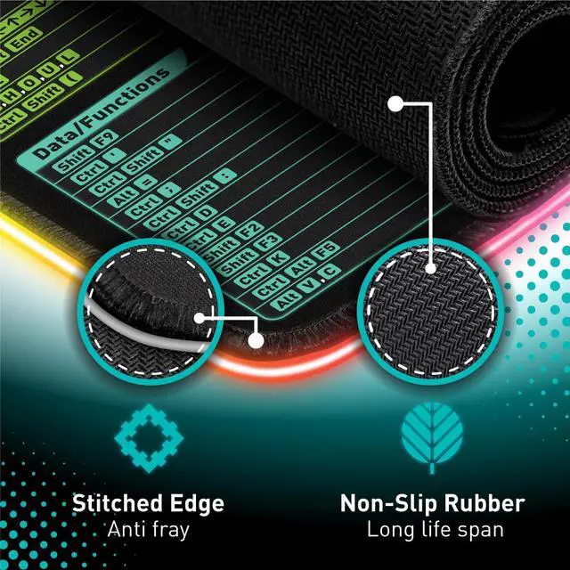 Alt view image 3 of 6 - Excel Shortcut Keys LED Mouse Pad - Colorful RGB Luminous Extended Large Cheat Sheet Gaming Mousepad| PC Office Spreadsheet Keyboard Mat| Non-Slip Stitched Edge