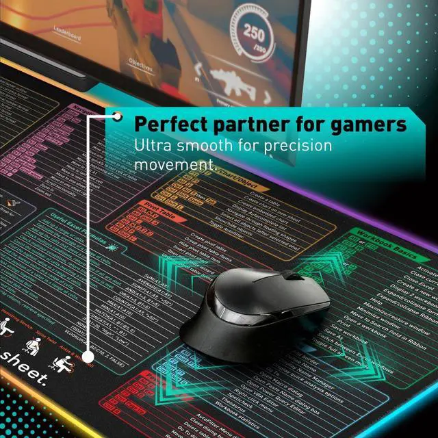Alt view image 5 of 6 - Excel Shortcut Keys LED Mouse Pad - Colorful RGB Luminous Extended Large Cheat Sheet Gaming Mousepad| PC Office Spreadsheet Keyboard Mat| Non-Slip Stitched Edge