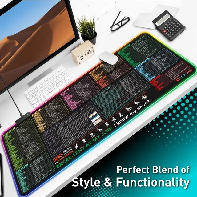 Alt view image 6 of 6 - Excel Shortcut Keys LED Mouse Pad - Colorful RGB Luminous Extended Large Cheat Sheet Gaming Mousepad| PC Office Spreadsheet Keyboard Mat| Non-Slip Stitched Edge