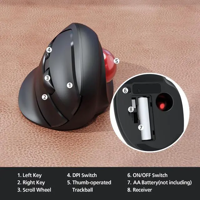Alt view image 4 of 6 - MicroPack Trackball Wireless Mouse, Upgrade Right Hand Ergonomic Mouse with Wireless Vertical Rollerball Computer Mouse, 3 Adjustable DPI, Easy Thumb Control for PC, Laptop, Mac, Windows - Black