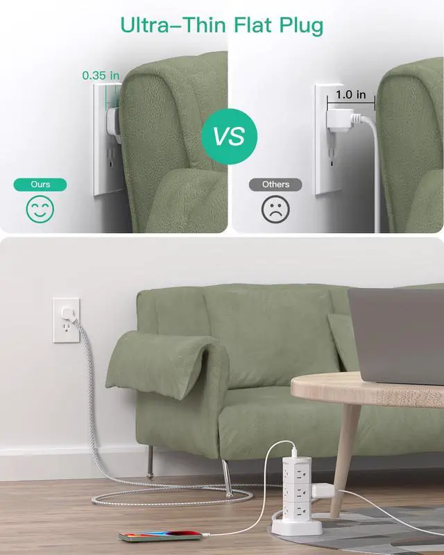 Alt view image 2 of 7 - Power Strips with Surge Protection, Flat Plug Power Strip with 12 Outlets 4 USB Ports, Charging Station Tower 1875W/15A 1080J 6Ft Extension Cord with Multiple Outlets, Office Supplies, Dorm Essentials