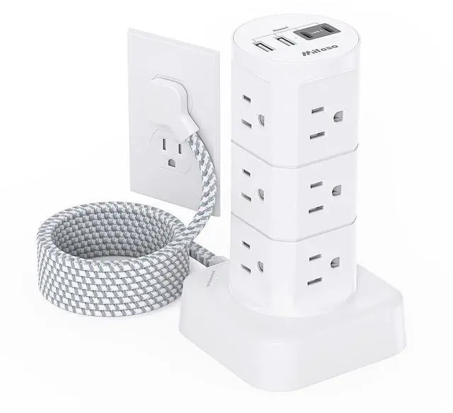Main image of Power Strips with Surge Protection, Flat Plug Power Strip with 12 Outlets 4 USB Ports, Charging Station Tower 1875W/15A 1080J 6Ft Extension Cord with Multiple Outlets, Office Supplies, Dorm Essentials