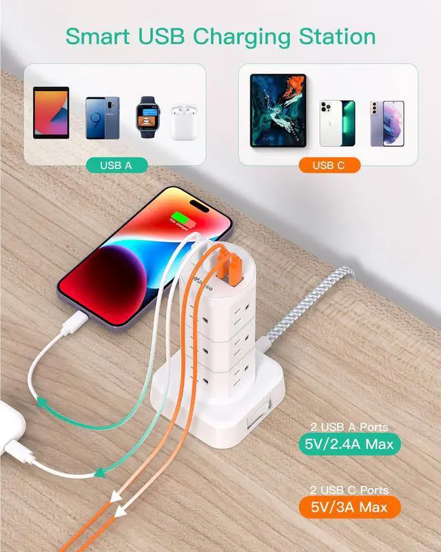 Alt view image 3 of 7 - Power Strips with Surge Protection, Flat Plug Power Strip with 12 Outlets 4 USB Ports, Charging Station Tower 1875W/15A 1080J 6Ft Extension Cord with Multiple Outlets, Office Supplies, Dorm Essentials