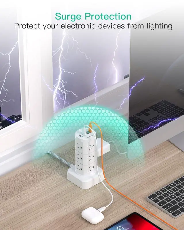 Alt view image 4 of 7 - Power Strips with Surge Protection, Flat Plug Power Strip with 12 Outlets 4 USB Ports, Charging Station Tower 1875W/15A 1080J 6Ft Extension Cord with Multiple Outlets, Office Supplies, Dorm Essentials