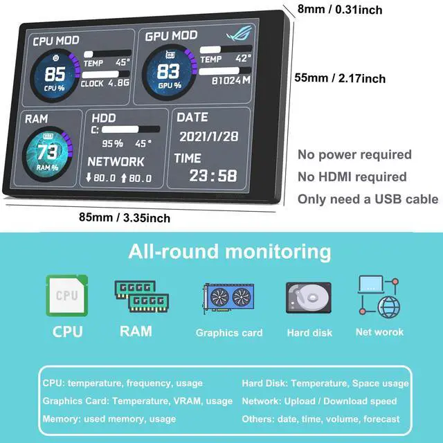 Alt view image 3 of 7 - WOWNOVA PC Temperature Display, Computer Temp Monitor, ARGB Case, IPS USB Mini Screen, CPU RAM HDD Data Monitor