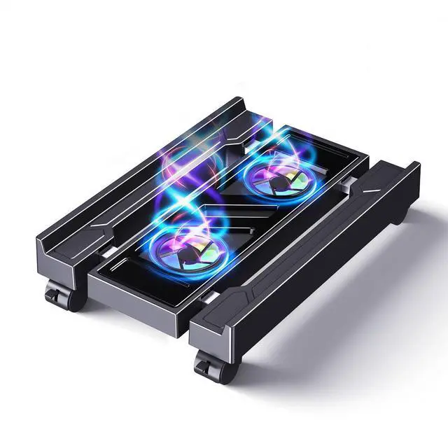 Main image of Hovadova Adjustable Computer Tower Stand with Cooler Fan and Light, PC Stand for Floor, Mobile CPU Holder with 4 Caster Wheels Fits Most PC Tower, Under Desk CPU Holder for Office,Gamers and Students