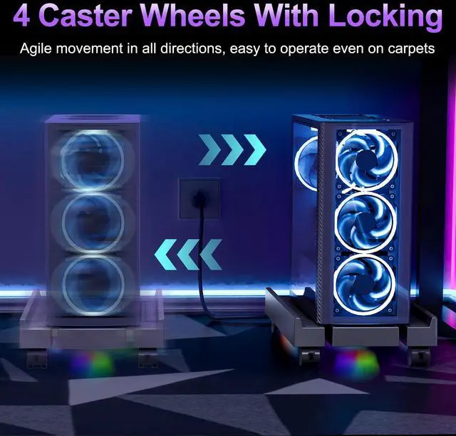 Alt view image 6 of 7 - Hovadova Adjustable Computer Tower Stand with Cooler Fan and Light, PC Stand for Floor, Mobile CPU Holder with 4 Caster Wheels Fits Most PC Tower, Under Desk CPU Holder for Office,Gamers and Students