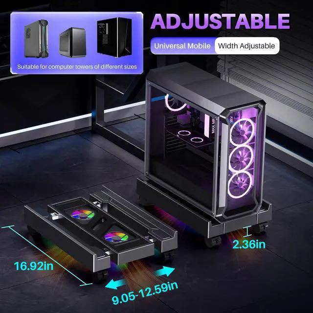 Alt view image 2 of 7 - Hovadova Adjustable Computer Tower Stand with Cooler Fan and Light, PC Stand for Floor, Mobile CPU Holder with 4 Caster Wheels Fits Most PC Tower, Under Desk CPU Holder for Office,Gamers and Students