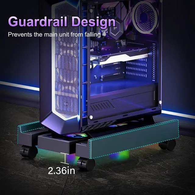 Alt view image 7 of 7 - Hovadova Adjustable Computer Tower Stand with Cooler Fan and Light, PC Stand for Floor, Mobile CPU Holder with 4 Caster Wheels Fits Most PC Tower, Under Desk CPU Holder for Office,Gamers and Students