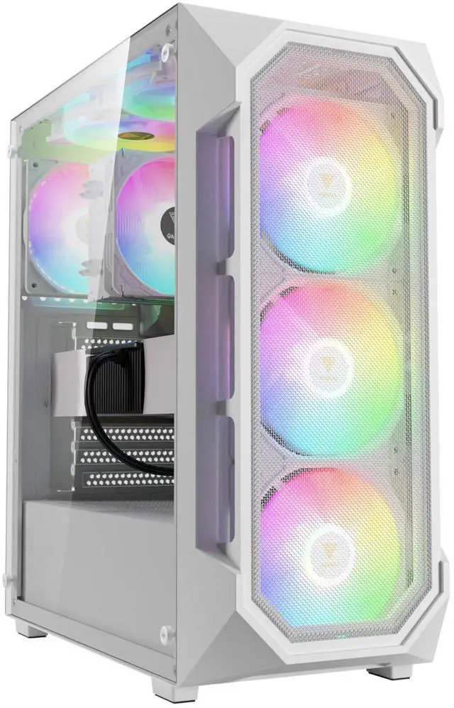 Main image of GAMDIAS White ATX Mid Tower Gaming Computer PC Case w/Tempered Glass, Built-in 4X 120mm ARGB Fans, Support Up to 6X 120mm Fans, 360mm AIO/Radiator, 340mm GPU/VGA, 160mm CPU Air Cooler
