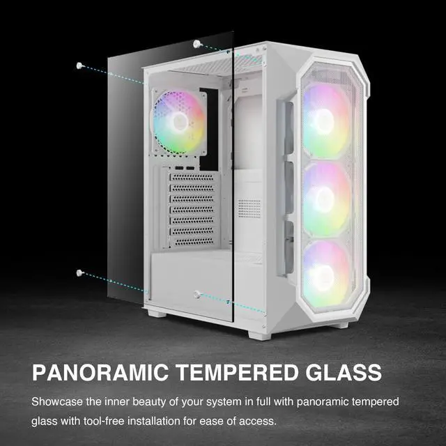 Alt view image 4 of 7 - GAMDIAS White ATX Mid Tower Gaming Computer PC Case w/Tempered Glass, Built-in 4X 120mm ARGB Fans, Support Up to 6X 120mm Fans, 360mm AIO/Radiator, 340mm GPU/VGA, 160mm CPU Air Cooler