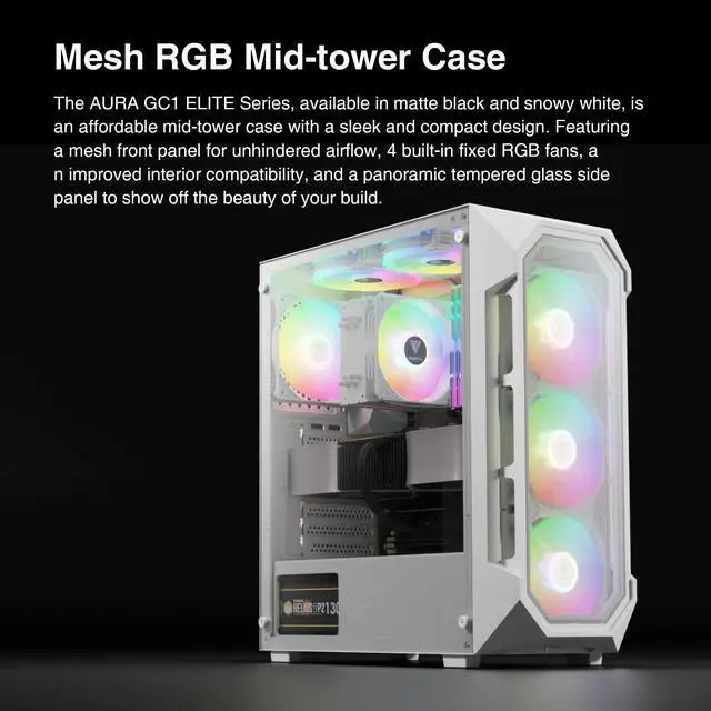 Alt view image 2 of 7 - GAMDIAS White ATX Mid Tower Gaming Computer PC Case w/Tempered Glass, Built-in 4X 120mm ARGB Fans, Support Up to 6X 120mm Fans, 360mm AIO/Radiator, 340mm GPU/VGA, 160mm CPU Air Cooler