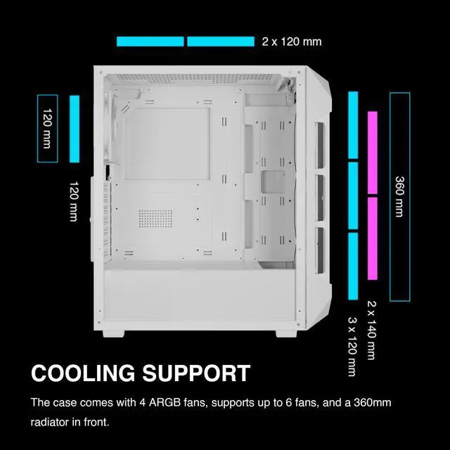 Alt view image 5 of 7 - GAMDIAS White ATX Mid Tower Gaming Computer PC Case w/Tempered Glass, Built-in 4X 120mm ARGB Fans, Support Up to 6X 120mm Fans, 360mm AIO/Radiator, 340mm GPU/VGA, 160mm CPU Air Cooler
