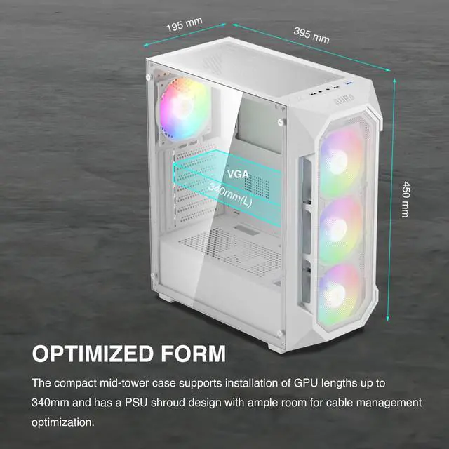 Alt view image 6 of 7 - GAMDIAS White ATX Mid Tower Gaming Computer PC Case w/Tempered Glass, Built-in 4X 120mm ARGB Fans, Support Up to 6X 120mm Fans, 360mm AIO/Radiator, 340mm GPU/VGA, 160mm CPU Air Cooler