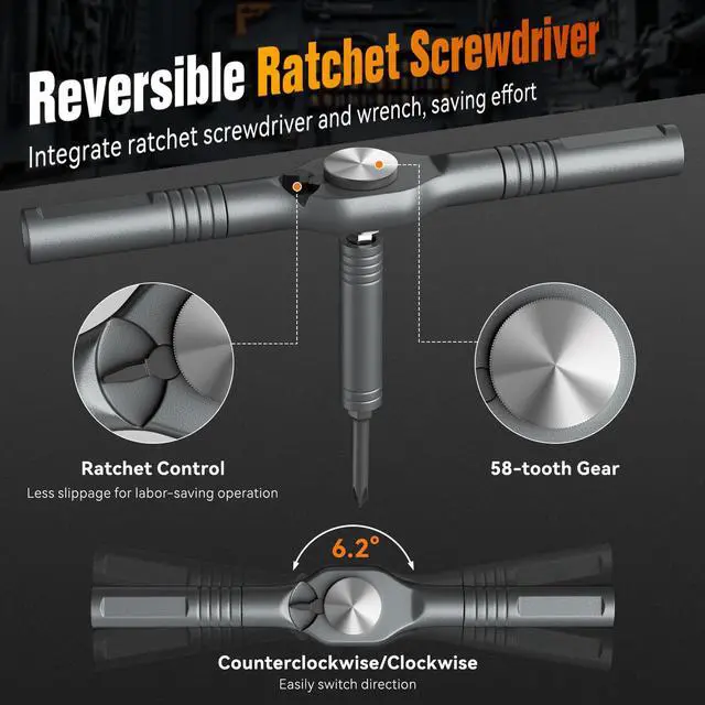 Alt view image 6 of 7 - 66 in 1 Ratchet Screwdriver Set with Detachable Handle, 6.2° Ratchet Head, Multi S2 Steel Bit Free Combination, Portable Repair Tool Kit for Christmas Gifts Furniture, Computer, Bicycle, DIY