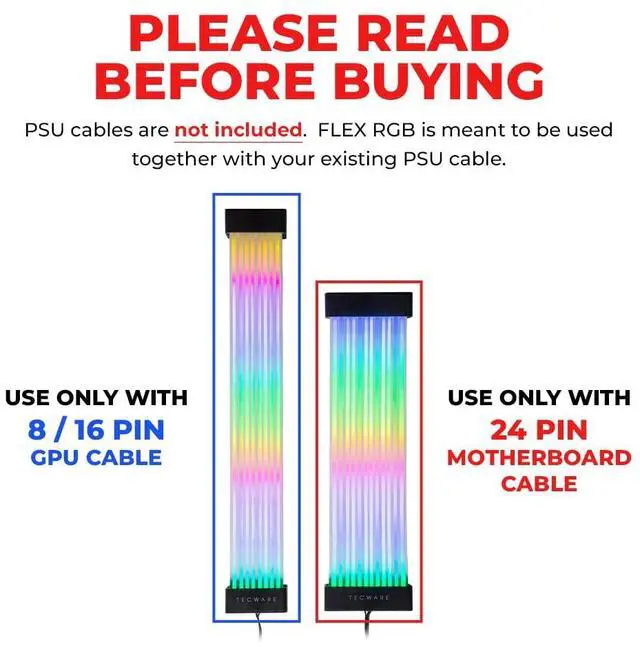 Alt view image 2 of 7 - TECWARE Flex RGB Cable Cover Kit | Compatible with 24-Pin Motherboard and 8-Pin/16-Pin GPU | ARGB PSU Cable Extension with 5V 3-Pin Sync | RGB Lighting Kit for PC Cables | Black