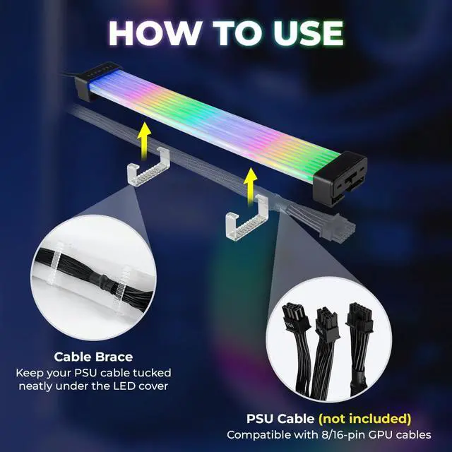 Alt view image 3 of 7 - TECWARE Flex RGB Cable Cover Kit | Compatible with 24-Pin Motherboard and 8-Pin/16-Pin GPU | ARGB PSU Cable Extension with 5V 3-Pin Sync | RGB Lighting Kit for PC Cables | Black