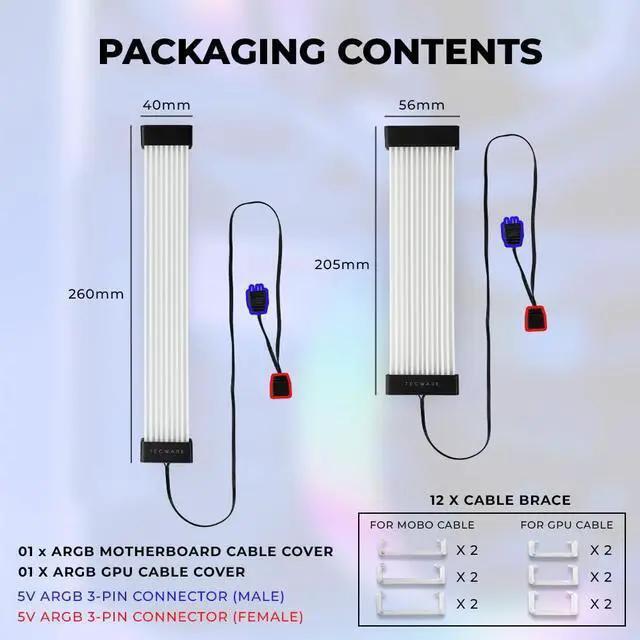 Alt view image 4 of 7 - TECWARE Flex RGB Cable Cover Kit | Compatible with 24-Pin Motherboard and 8-Pin/16-Pin GPU | ARGB PSU Cable Extension with 5V 3-Pin Sync | RGB Lighting Kit for PC Cables | Black