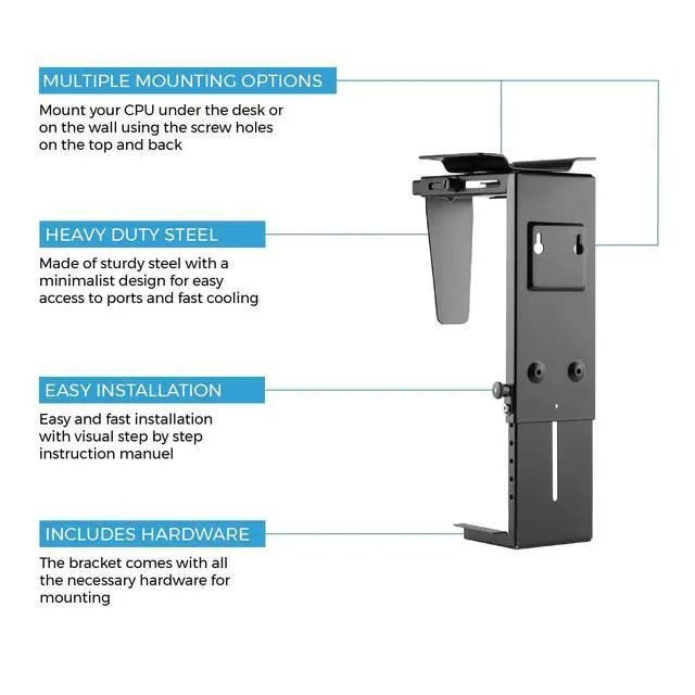 Alt view image 4 of 6 - HumanCentric Adjustable Under Desk Computer Mount and Wall Mount, CPU Holder Fits Most PC or Computer Cases, Adjustable Height and Width, Full 360 Swivel, Up to 22 lb, Hardware Included