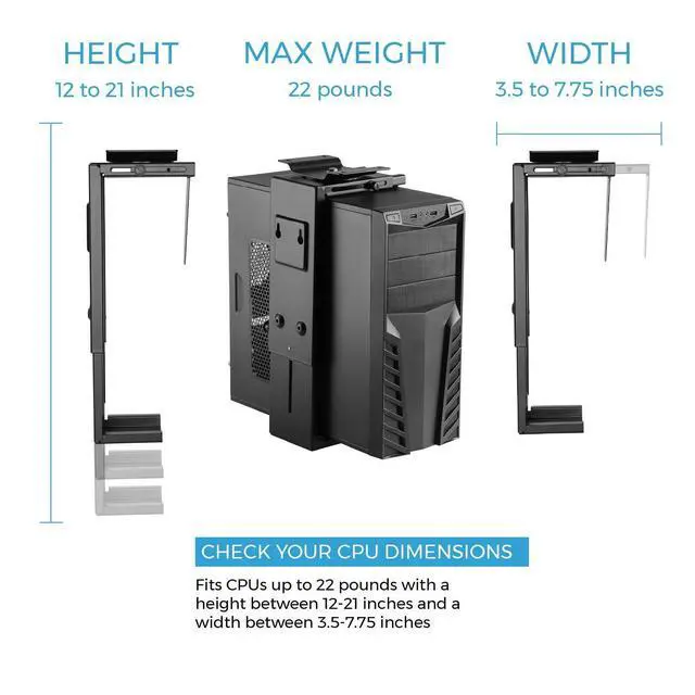 Alt view image 2 of 6 - HumanCentric Adjustable Under Desk Computer Mount and Wall Mount, CPU Holder Fits Most PC or Computer Cases, Adjustable Height and Width, Full 360 Swivel, Up to 22 lb, Hardware Included