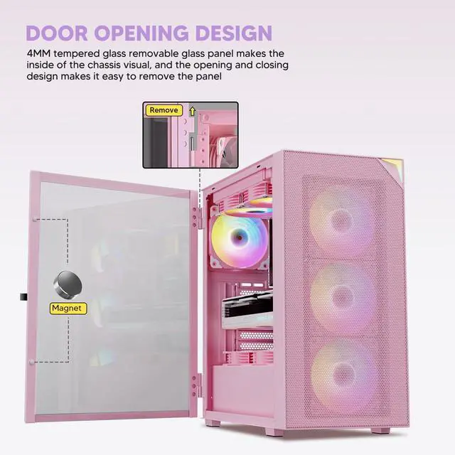 Alt view image 2 of 7 - Vetroo AL800 Mid Tower ATX PC Computer Case - Door Opening Design Tempered Glass, Adjustable LED Strip, Pre-Installed ARGB & PWM FDB Fan in Rear, Support for 50 Series GPUs - Pink