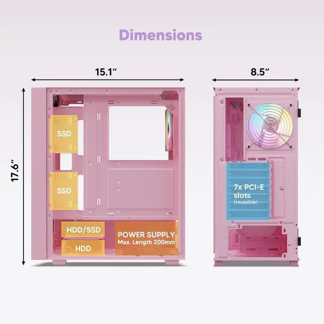 Alt view image 4 of 7 - Vetroo AL800 Mid Tower ATX PC Computer Case - Door Opening Design Tempered Glass, Adjustable LED Strip, Pre-Installed ARGB & PWM FDB Fan in Rear, Support for 50 Series GPUs - Pink