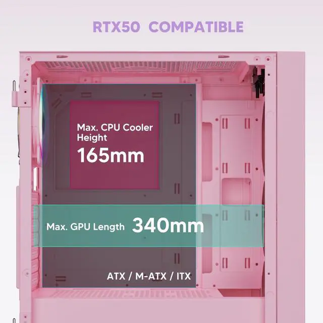 Alt view image 5 of 7 - Vetroo AL800 Mid Tower ATX PC Computer Case - Door Opening Design Tempered Glass, Adjustable LED Strip, Pre-Installed ARGB & PWM FDB Fan in Rear, Support for 50 Series GPUs - Pink