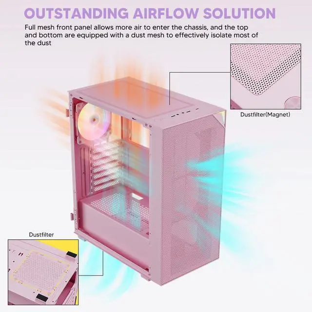 Alt view image 6 of 7 - Vetroo AL800 Mid Tower ATX PC Computer Case - Door Opening Design Tempered Glass, Adjustable LED Strip, Pre-Installed ARGB & PWM FDB Fan in Rear, Support for 50 Series GPUs - Pink
