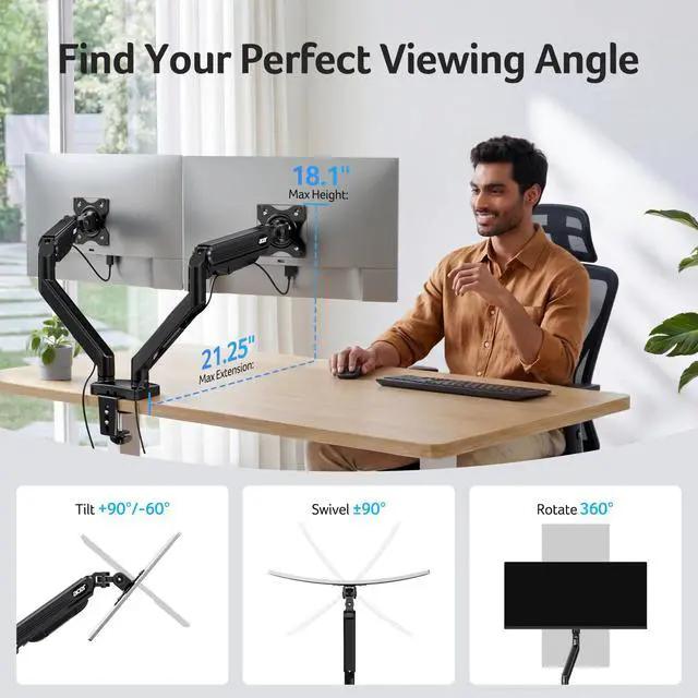 Alt view image 3 of 7 - Dual Monitor Arm, Computer Desk Arm with VESA Mounts for 1732 Screens, Fully Adjustable Gas Spring Monitor Stand, C-Clamp and Grommet Mounting Base, Fits 4.4 to 19.8lbs Computer Monitors