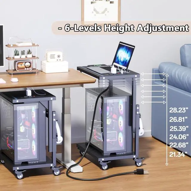 Alt view image 4 of 7 - ZUAVIALA Computer Tower Stand with Power Outlet, 6 Level Height Ajustable PC Tower Stand for Floor, Mobile Rolling CPU Holder Cart for Gaming, Office, Home, 21.34"-28.3", Black