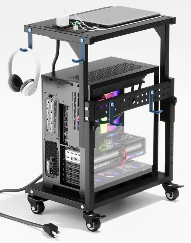 Main image of ZUAVIALA Computer Tower Stand with Power Outlet, 6 Level Height Ajustable PC Tower Stand for Floor, Mobile Rolling CPU Holder Cart for Gaming, Office, Home, 21.34"-28.3", Black