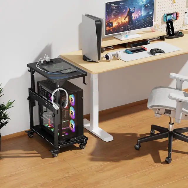 Alt view image 7 of 7 - ZUAVIALA Computer Tower Stand with Power Outlet, 6 Level Height Ajustable PC Tower Stand for Floor, Mobile Rolling CPU Holder Cart for Gaming, Office, Home, 21.34"-28.3", Black