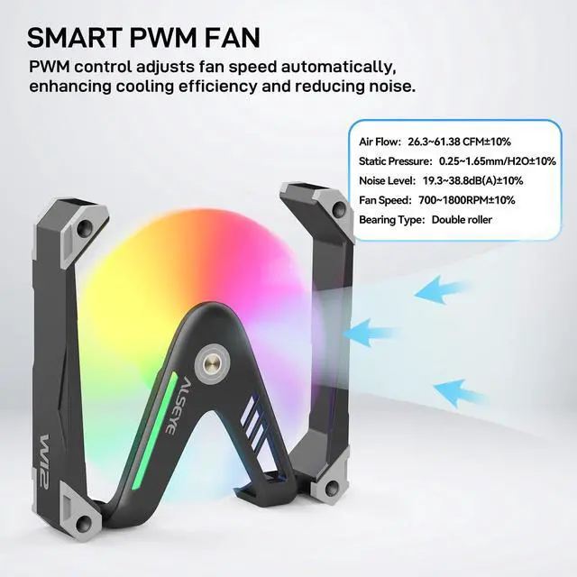 Alt view image 4 of 7 - ALSEYE W12 Pro Case Fan, Extraordinary 'W' Designed PC Fans, Full Aluminium Frame 120mm ARGB & PWM Computer Case Fan (Black)