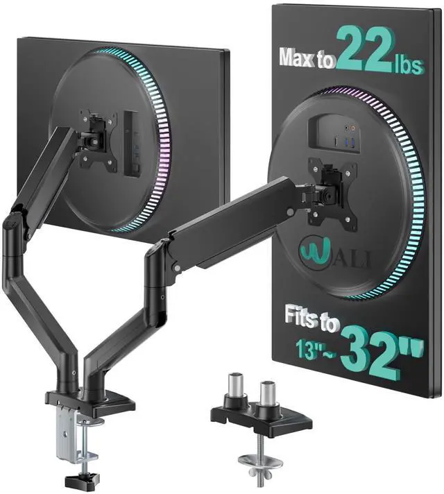 Main image of WALI Dual Monitor Stand for 13-32 inch Computer Screens, Dual Monitor Arms for 2 Monitors Holds up to 22 lbs, Height Adjustable Gas Spring Dual Monitors Mount, VESA 75x75/100x100mm (GSMP002N), Black